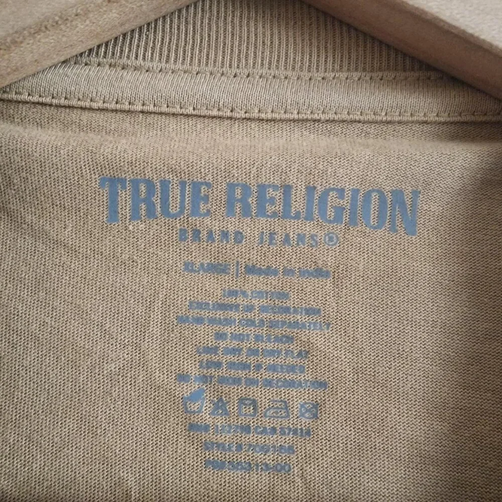 True Religion Shirt Mens Large Tan Buddha Rhinestone Graphic Tee Short Sleeve